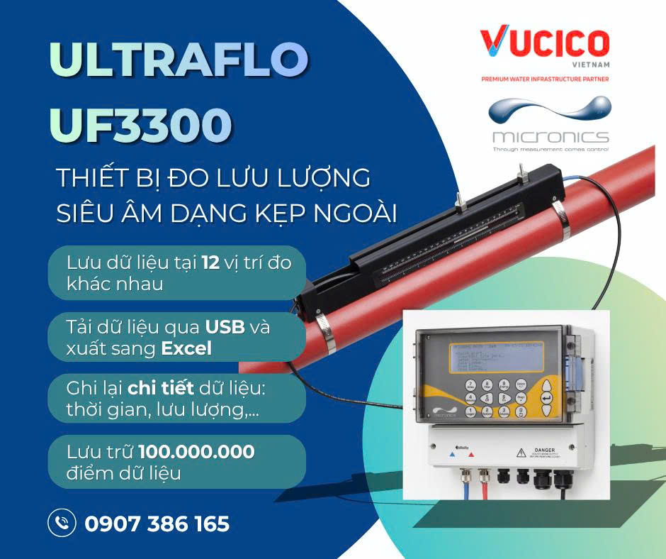 Micronics Ultraflo UF3300 đồng hồ đo lưu lượng siêu âm dạng kẹp ngoài với bộ nhớ lưu trữ 100 triệu điểm dữ liệu và xuất dữ liệu qua USB