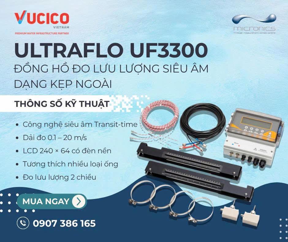 Thông số kỹ thuật đồng hồ đo lưu lượng siêu âm Micronics UF3300 công nghệ Transit Time đo hai chiều dải vận tốc 0.1 đến 20 mét trên giây