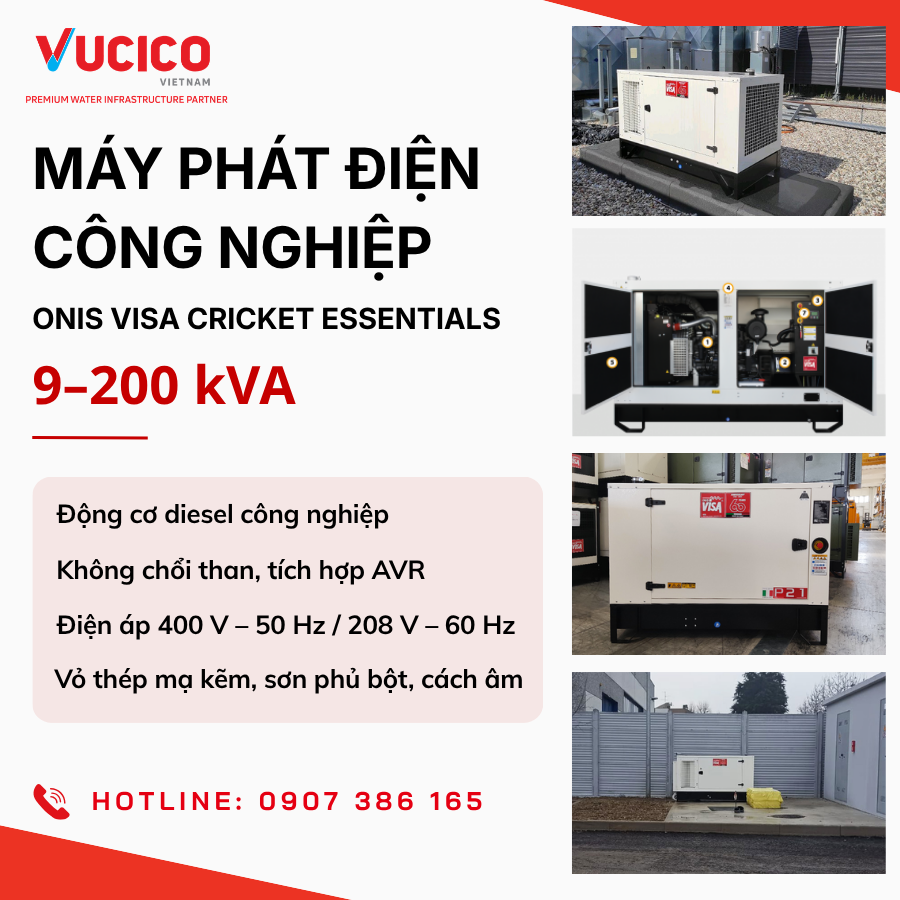 Đặc điểm máy phát điện ONIS VISA Cricket Essentials: động cơ diesel công nghiệp, đầu phát không chổi than AVR, vỏ thép mạ kẽm cách âm